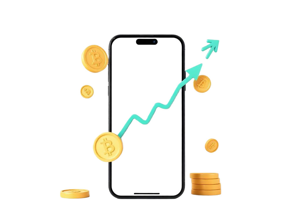 Phone showing a rising income chart surrounded by coins